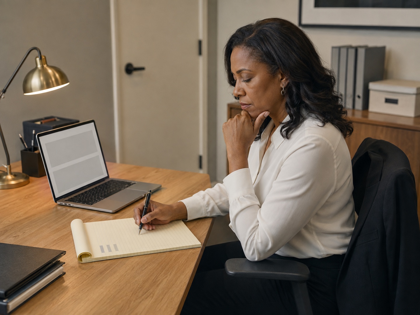 An attorney at her desk writing on a legal pad, an open laptop beside her and a lit brass lamp behind