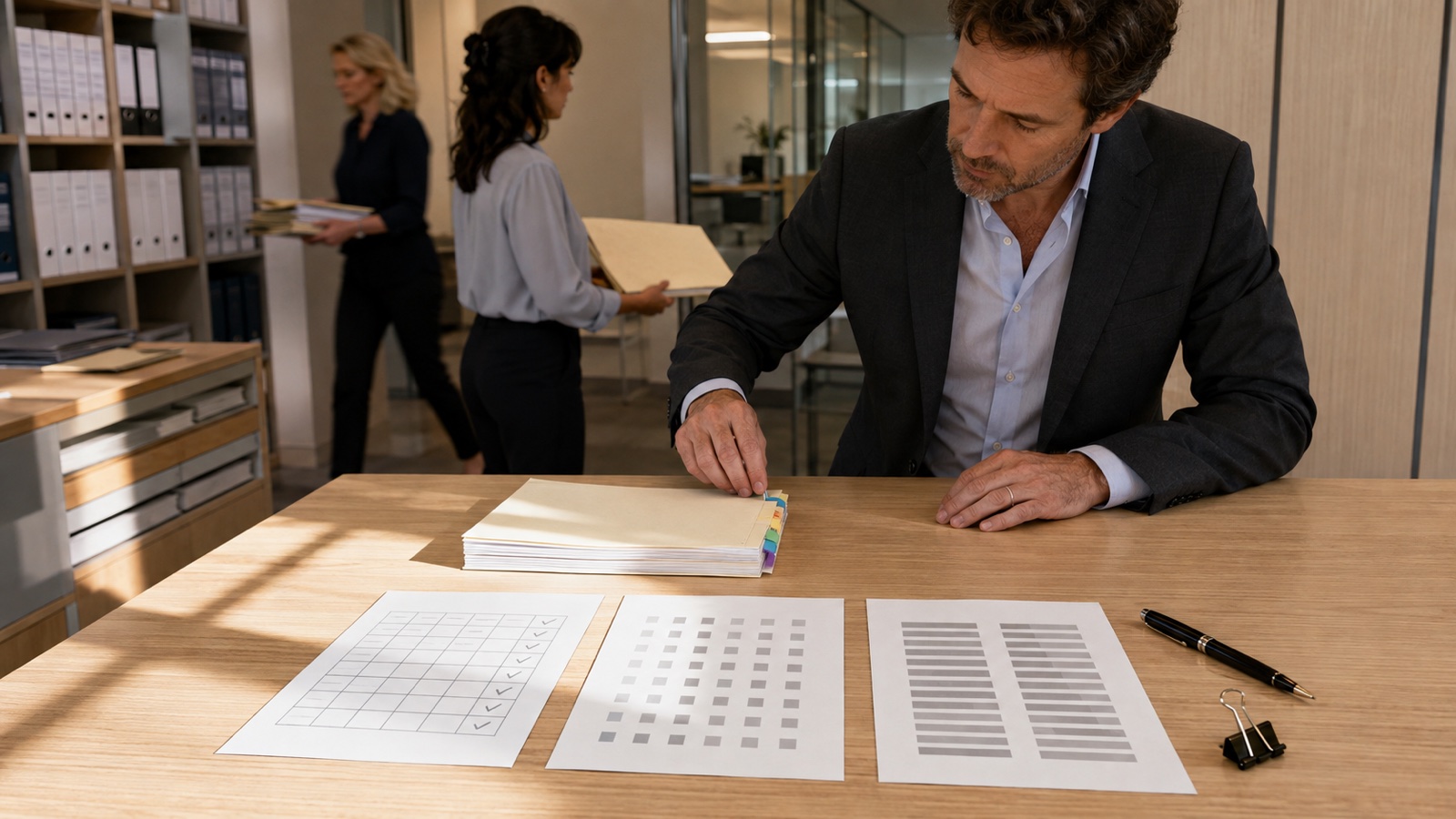 An attorney at a sunlit table with a tabbed document set under his hand and three printed working pages laid out in front of him