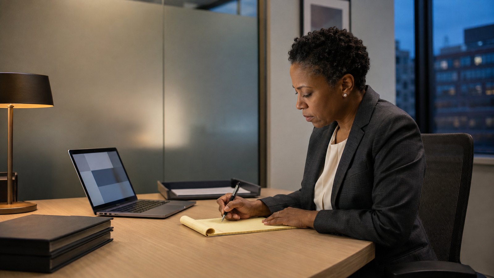 An attorney at her desk writing on a legal pad beside an open laptop, city dusk beyond the window