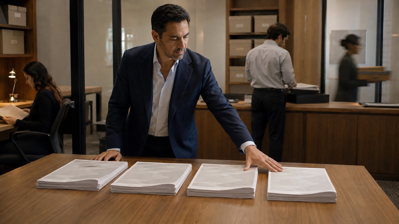An attorney standing at a firm work table, laying out four identical document sets in a row, colleagues working behind him